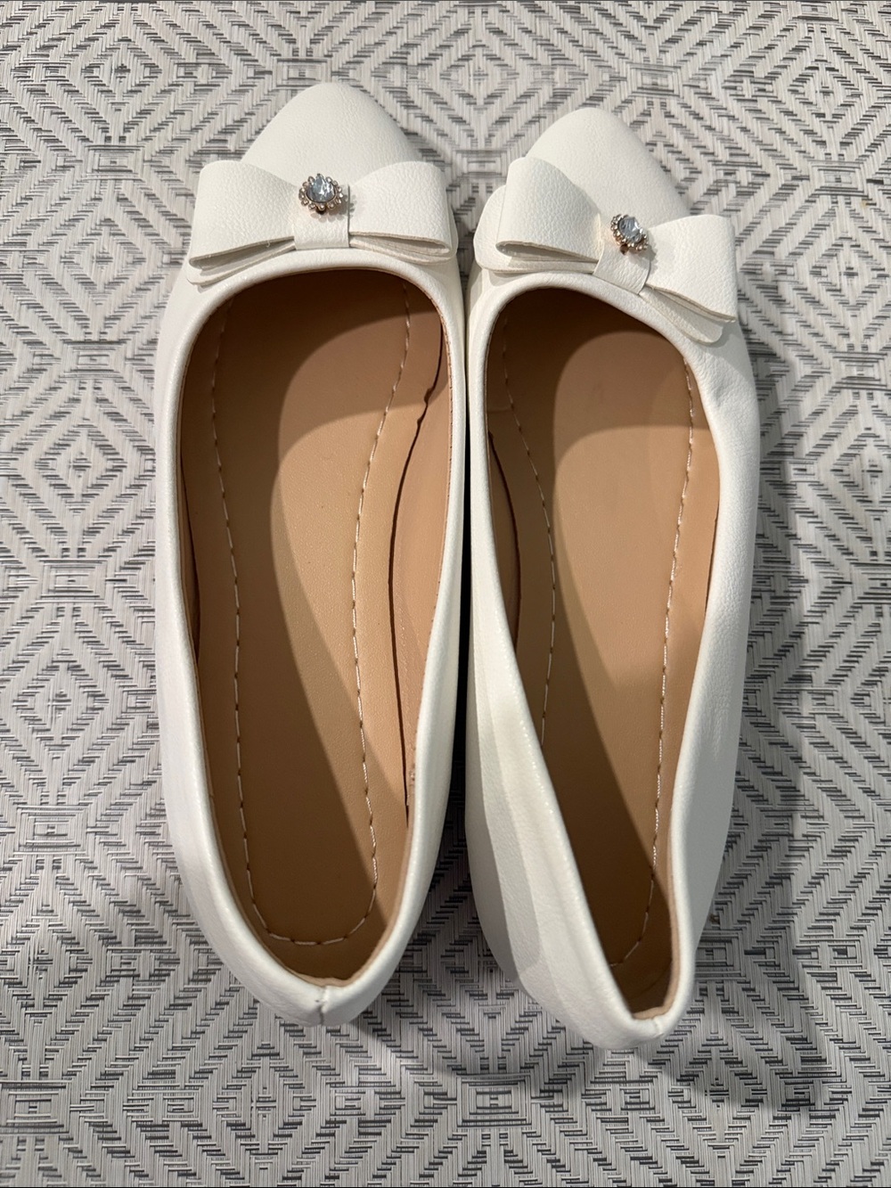 Women's White Bow Ballet Flats with Crystal Detail
